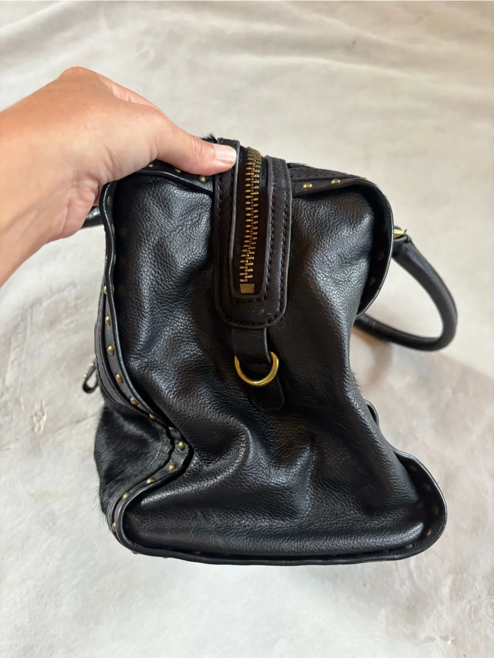 orYANY Brenda Black Calf Hair Leather Studded Satchel Bag